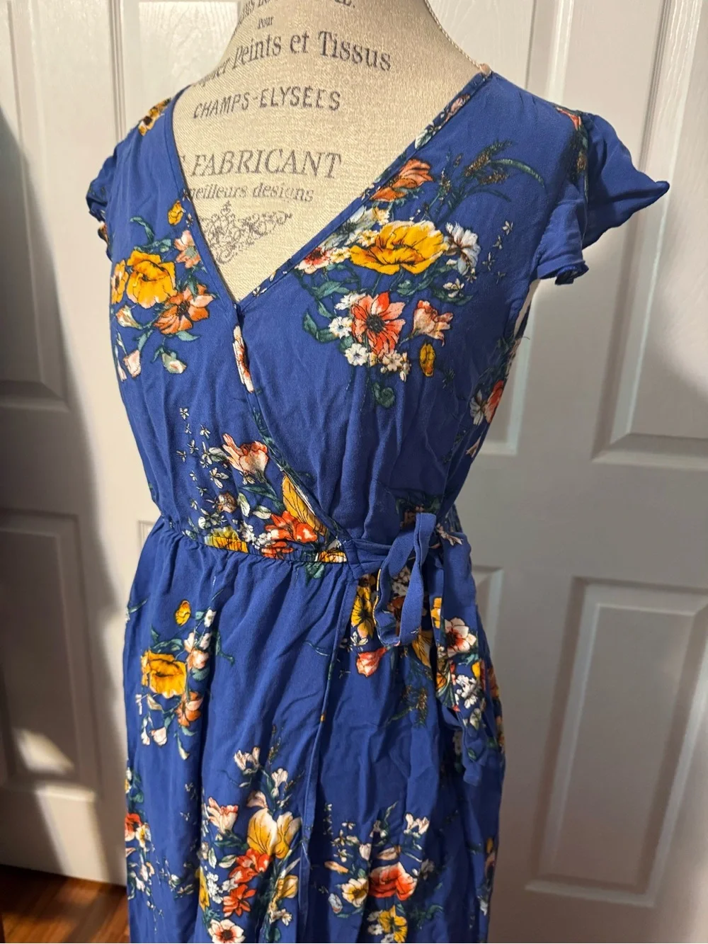 Medium Blue Floral Wrap Maxi Dress with Pockets